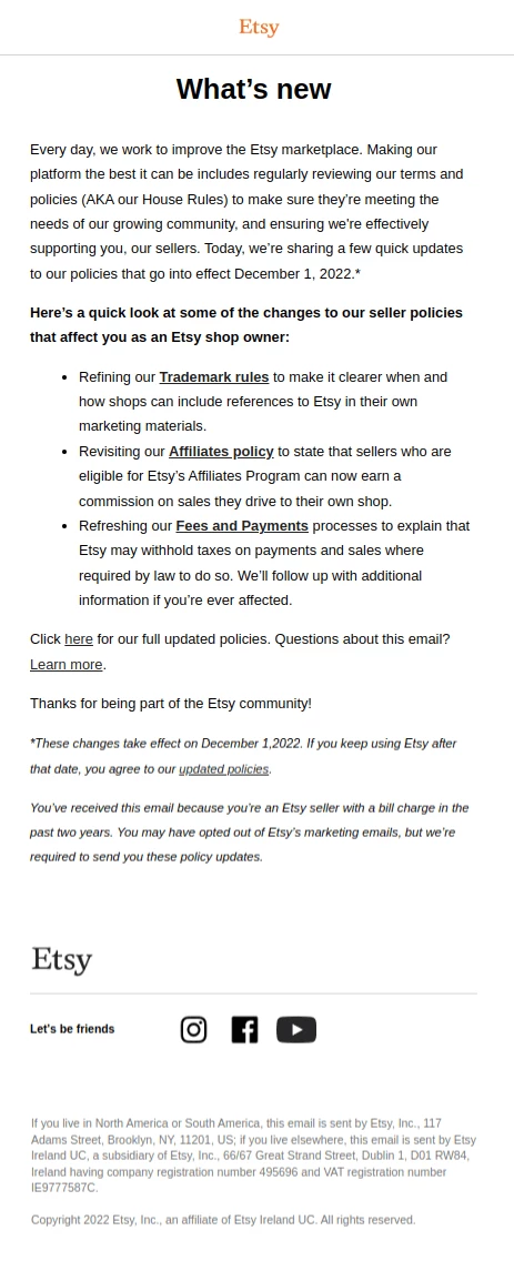 Etsy ポリシー更新メールの一斉送信の例