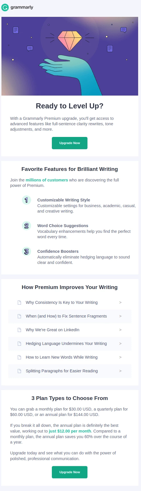Grammarly プランのアップグレード メール