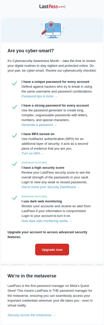 LastPass セキュリティ チェックリスト メール ブラストの例